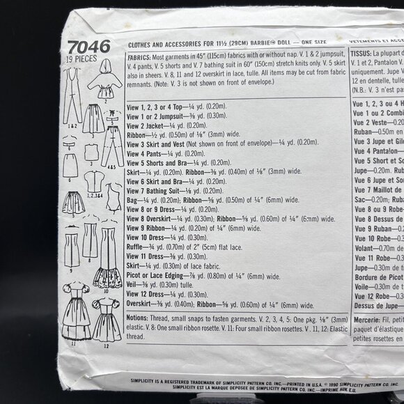 Simplicity 7046 “Clothes & Acc. For 11 1/2” Doll” Sewing Pattern Uncut FF - Picture 3 of 5